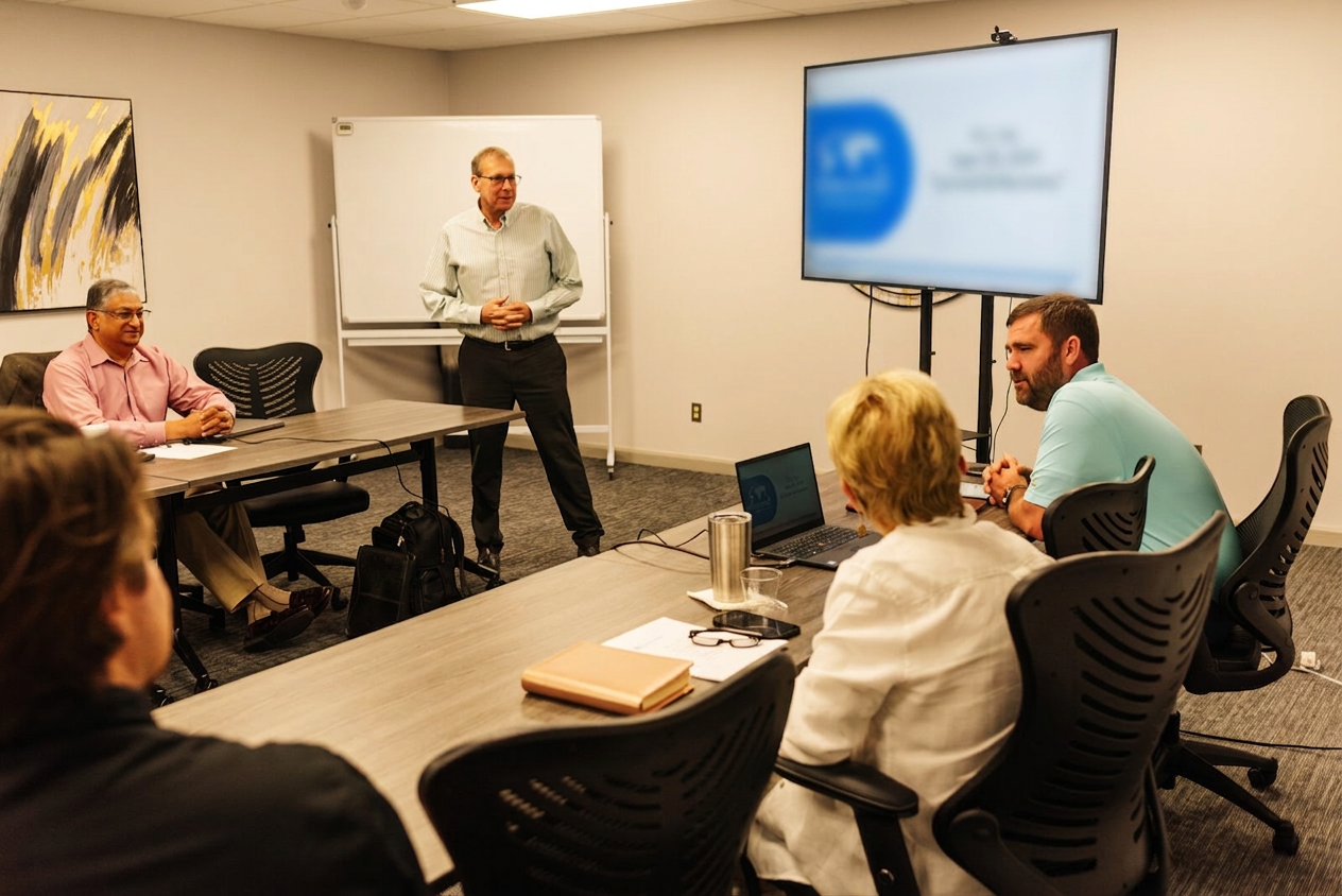 Small business owners in a peer advisory board meeting in Huntsville, Alabama